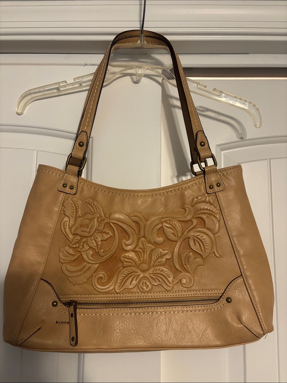 Tan Embossed Floral Shoulder Bag with Front Zip Pocket